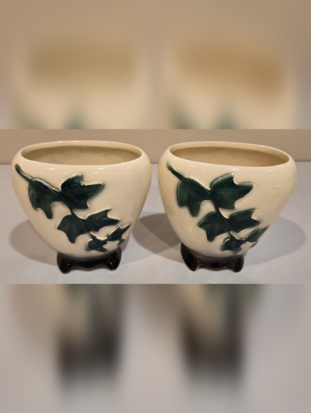 Royal Copley Ivyleaf Ceramic Planter Pair in Cream and Green - Picture 2 of 4